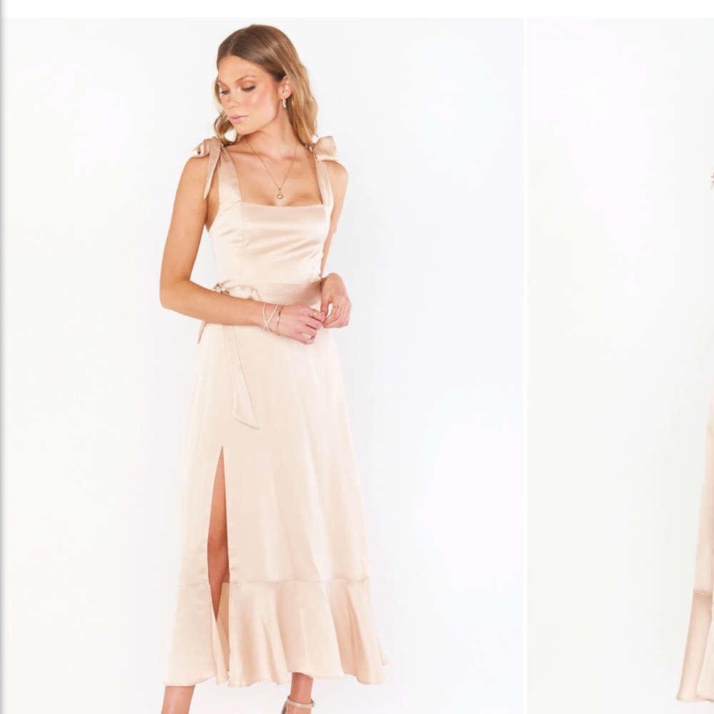 Show me you MUMU Claire Midi Dress In color Champagne Luxe Satin